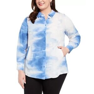 NWT Alfani Tied-Dyed Oversized Blouse Women's Size Large White & Blue Long Sleev